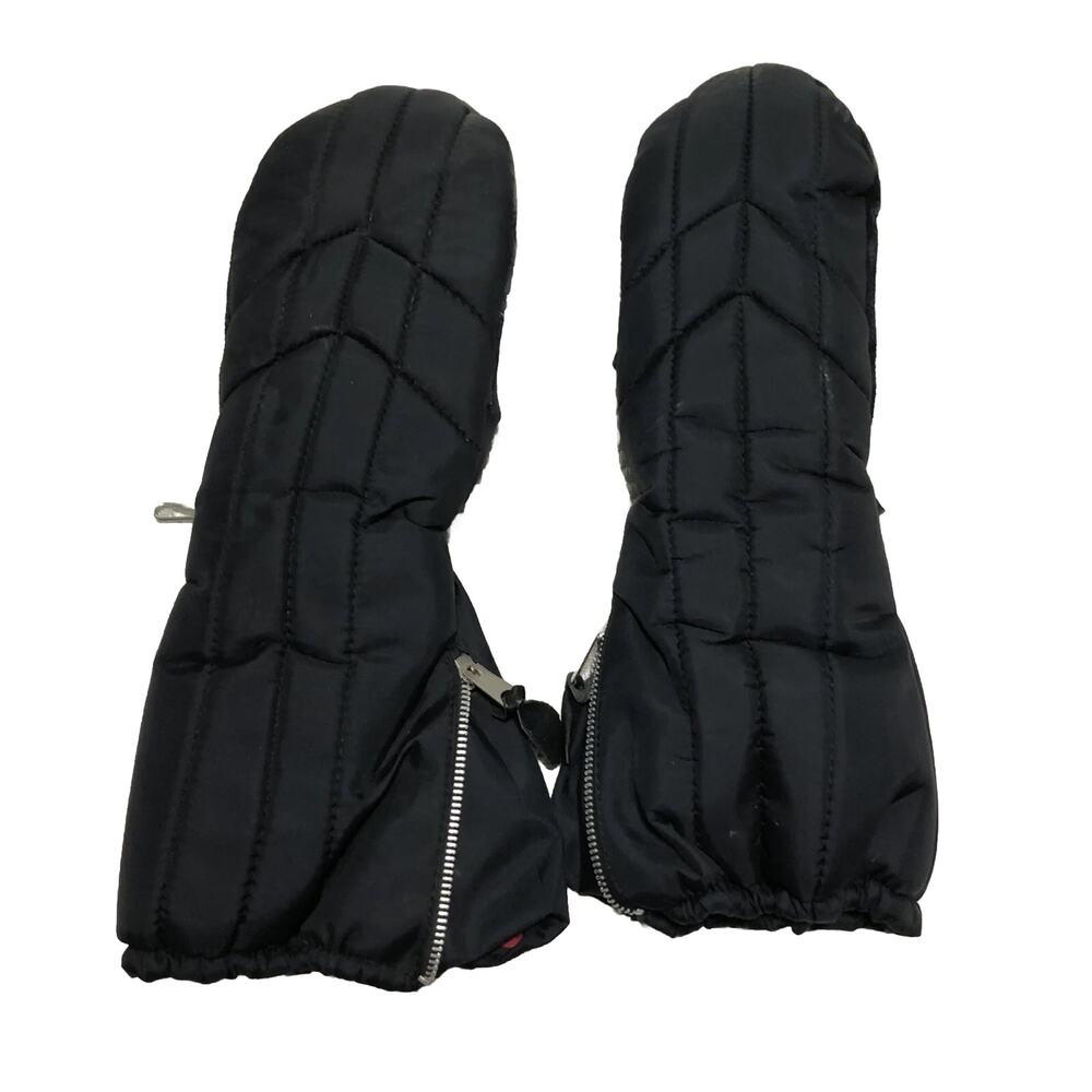 Black Ski Mittens Kombi Genuine Leather Nylon Cotton Fleece Size Large Vintage